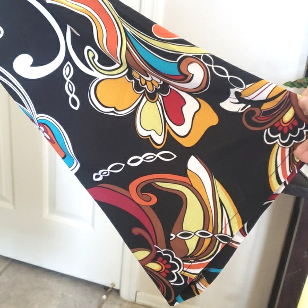 💐Vintage 90s Psychedelic One Shoulder Bell Sleeve Dress Black Multicolor MEDIUM - Picture 7 of 12